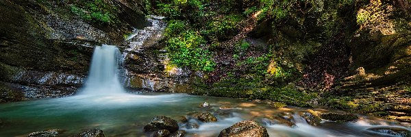 Cascade de Nyon, Wodospad, Las, Morzine, Francja, Kamienie, Rzeka, Drzewa, Skały