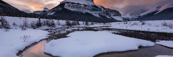 Kanada, Rzeka, Drzewa, Góry, Zima, Alberta, Chmury