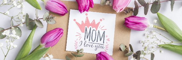 Koperta, Dzień Matki, Kartka, Różowe, I love you, Tulipany, Gipsówki, Mom, Białe, Kwiaty, Napisz