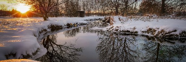 Drzewa, Śnieg, Bezlistne, Zachód słońca, Rzeka, Zima