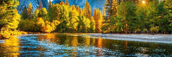 Promienie słońca, Góry, Stany Zjednoczone, Jesień, Merced River, Drzewa, Las, Park Narodowy Yosemite, Rzeka, Kalifornia