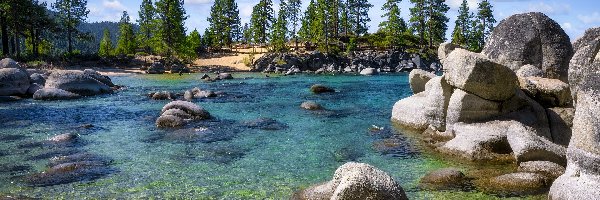 Kamienie, Tahoe Lake, Stany Zjednoczone, Nevada, Sand Harbor, Głazy, Drzewa, Jezioro