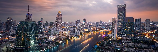 Zmrok, Tajlandia, Rzeka Menam, Bangkok, Dzielnica Khlong San, Wieżowce, Chao Phraya River