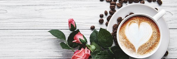Róże, Kwiaty, Ziarna, Kawa, Czekoladki, Deski, Talerzyk, Cappuccino, Filiżanka