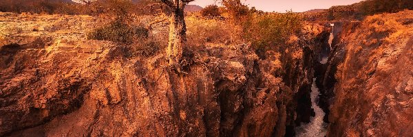 Wodospad, Namibia, Drzewo, Cunene River, Skały, Wąwóz, Rzeka, Afryka, Region Kunene, Epupa Falls