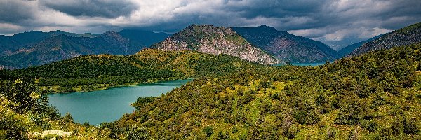 Drzewa, Lasy, Sary Chelek Lake, Jezioro, Góry, Kirgistan, Park Narodowy Ala Archa, Chmury, Prowincja Jalal Abad