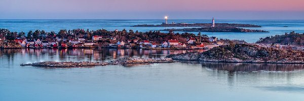 Norwegia, Domy, Latarnia morska, Skały, Morze, Wyspa Store Torungen, Store Torungen Lighthouse