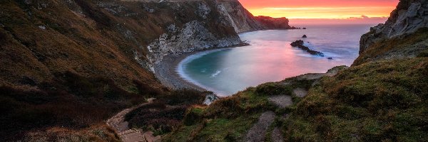 Góry, Hrabstwo Dorset, Zachód słońca, Schody, Skały, Morze, Zatoka Man OWar, Anglia