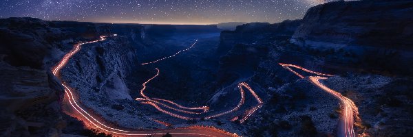 Droga, Park Narodowy Zion, Góry, Zion Canyon, Stany Zjednoczone, Gwiazdy, Rozświetlona, Stan Utah, Droga Mleczna, Kanion, Skały