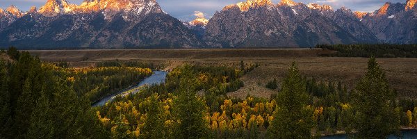 Park Narodowy Grand Teton, Teton Range, Stany Zjednoczone, Chmury, Snake River, Drzewa, Jesień, Góry, Rzeka, Wyoming