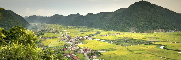 Dolina, Bac Son Valley, Lang Son, Tarasy, Domy, Drzewa, Góry, Ryżowe, Pola, Chmury, Wieś, Wietnam