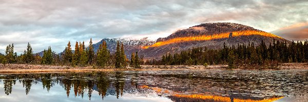 Drzewa, Hemsedal, Niebo, Odbicie, Rzeka Hemsil, Góry, Góra Skogshorn, Norwegia