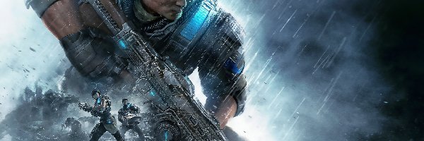 Marcus Fenix, Gears of War 4, Plakat, Deszcz, Postać, Mężczyzna, Broń, Gra