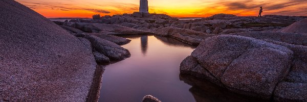 Kanada, Skały, Człowiek, Peggys Cove, Latarnia morska, Halifax, Zachód słońca