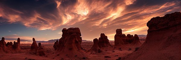 Skały, Utah, Zachód słońca, Chmury, Pustynia San Rafael, Dolina Goblinów, Goblin Valley State Park, Stany Zjednoczone