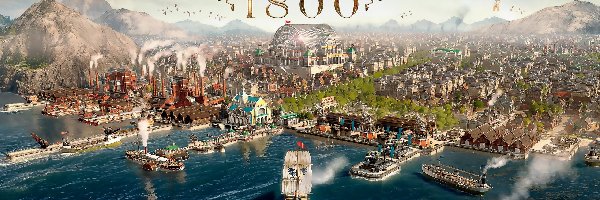 Plakat, Port, Statki, Anno 1800, Gra, Góry, Miasto