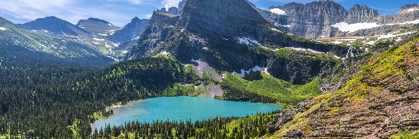 Góry, Grinnell Lake, Stany Zjednoczone, Stan Montana, Park Narodowy Glacier, Drzewa, Skały, Jezioro