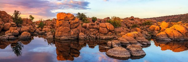 Stany Zjednoczone, Jezioro, Watson Lake, Drzewa, Skały, Arizona, Prescott