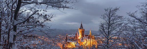 Niemcy, Zima, Drzewa, Zamek Wernigerode, Oświetlony, Powiat Harz, Wernigerode