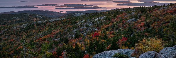Drzewa, Jesień, Skały, Zachód słońca, Park Narodowy Acadia, Stany Zjednoczone, Stan Maine, Morze, Lasy