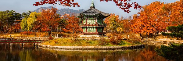 Korea Południowa, Drzewa, Jezioro, Park, Pawilon Hyangwonjeong, Seul, Jesień