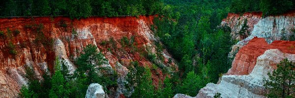 Roślinność, Stany Zjednoczone, Zbocza, Providence Canyon, Zachód słońca, Drzewa, Skały, Niebo, Góry, Georgia, Wąwóz