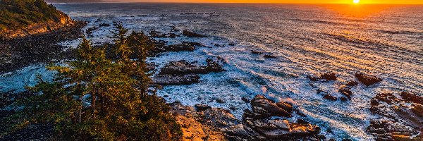 Skały, Park stanowy Cape Arago, Morze, Zachód słońca, Oregon, Stany Zjednoczone