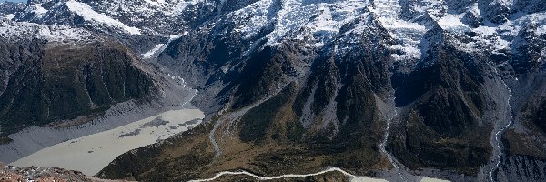 Śnieg, Alpy Południowe, Góra Cooka, Góry, Nowa Zelandia, Skały, Jezioro Pukaki