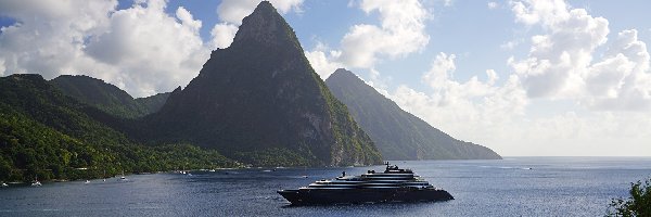 Morze Karaibskie, Gros Piton, Skały, Statek, Góry, Saint Lucia