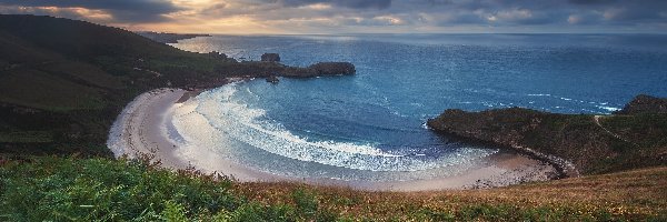 Chmury, Plaża, Playa de Torimbia, Hiszpania, Wybrzeże, Morze