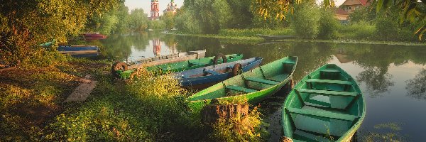 Klasztor Goricki Zaśnięcia Matki Bożej, Cerkiew, Łódki, Trubezh River, Rzeka, Rosja, Obwód jarosławski, Drzewa, Peresław Zaleski