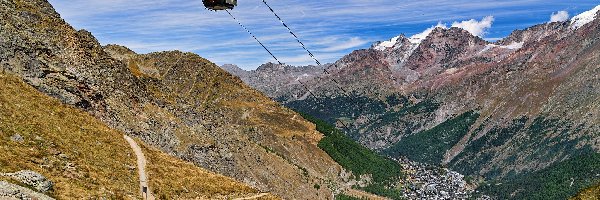 Domy, Drzewa, Przełęcz Furkapass, Alpy Berneńskie, Góry, Szwajcaria, Toggenburg, Kolejka górska, Dolina