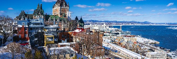 Chateau Frontenac, Quebec, Zima, Domy, Zamek, Rzeka Świętego Wawrzyńca, Wybrzeże, Kanada