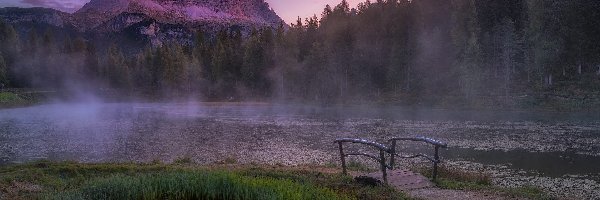 Dolomity, Mostek, Antorno Lake, Drzewa, Mgła, Prowincja Belluno, Góry, Trawa, Tre Cime di Lavaredo, Włochy, Masyw, Jezioro