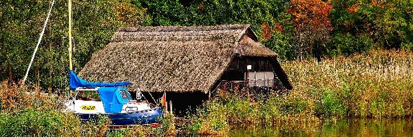 Jezioro, Szopa, Motorówka, Zarośla, Chata