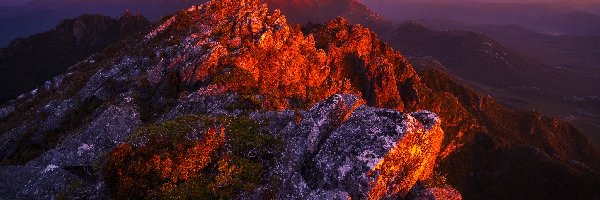 Australia, Szczyty, Góry, Skały, Zachód słońca, Tasmania, Arthur Range