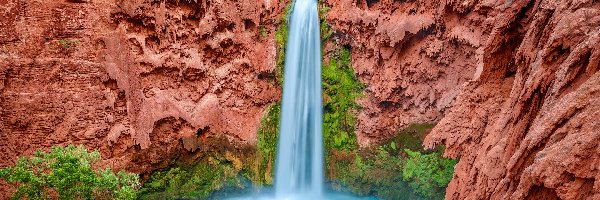 Wielki Kanion Kolorado, Arizona, Havasu Falls, Wodospad, Park Narodowy Wielkiego Kanionu, Drzewa, Skały, Stany Zjednoczone