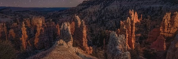 Stany Zjednoczone, Noc, Gwiazdy, Skały, Góry, Park Narodowy Bryce Canyon, Fairyland Canyon