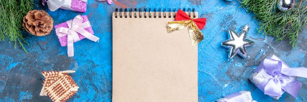 Gałęzie, Bombki, Prezenty, Kompozycja, Notes