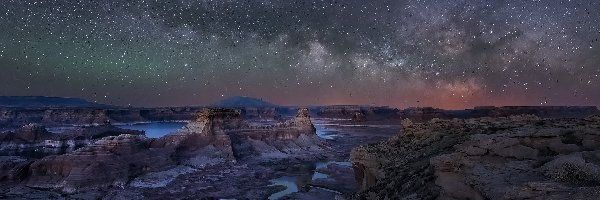 Stany Zjednoczone, Skały, Jezioro, Gwiazdy, Noc, Utah, Lake Powell