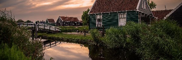 Rzeka, Most, Holandia, Zaandam, Kanał, Skansen Zaanse Schans, Kinderdijk, Domy