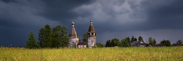 Gałęzie, Drzewa, Cerkiew św Jana Chryzostoma, Niebo, Pochmurne, Rosja, Obwód archangielski, Łąka, Kiprovo