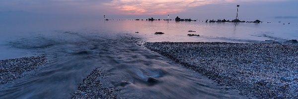 Morze, Plaża, Kamienie, Wschód słońca