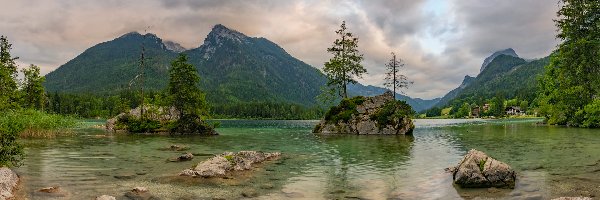 Hintersee, Bawaria, Mgła, Skały, Jezioro, Góry, Drzewa, Niemcy