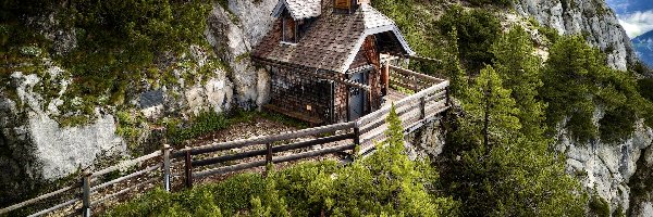 Drzewa, Stoderzinken, Skały, Góry, Austria, Ogrodzenie, Kapliczka