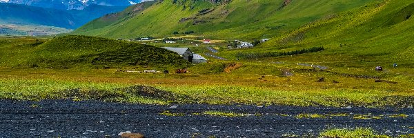 Góry, Droga, Domy, Islandia, Reynisfjara Beach