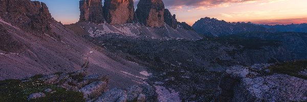 Włochy, Dolomity, Pasmo górskie, Góry, Zachód słońca, Skały, Tre Cime di Lavaredo