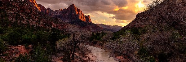 Rzeka Virgin River, Park Narodowy Zion, Skały, Rzeka, Stany Zjednoczone, Kamienie, Góra Watchman, Chmury, Drzewa, Utah, Zachód słońca