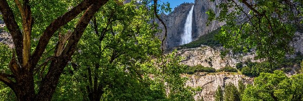 Park Narodowy Yosemite, Drzewa, Wodospad, Góry, Kalifornia, Stany Zjednoczone