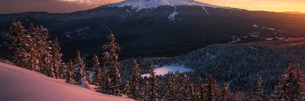 Śnieg, Mount Hood, Oregon, Las, Sosny, Wschód słońca, Zima, Drzewa, Jezioro, Chmury, Góry, Stany Zjednoczone